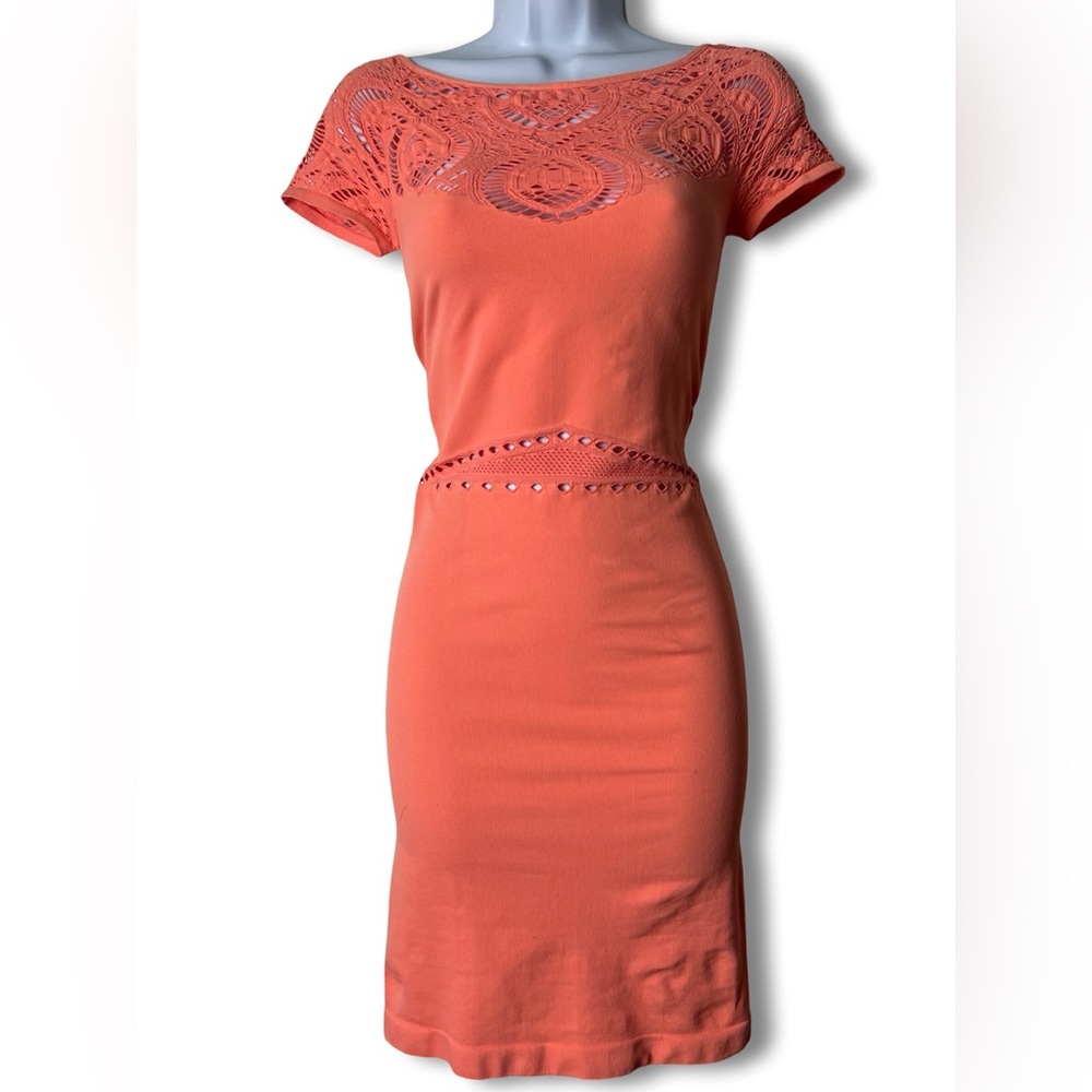 Bebe Womens‎ Vintage Crochet Eyelet Bodycon Mini Dress Coral Orange Y2K Sz. P/S